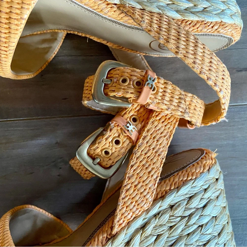 Sam Edelman April Platform Wedge Espadrille Sandal in Mari Gold Raffia